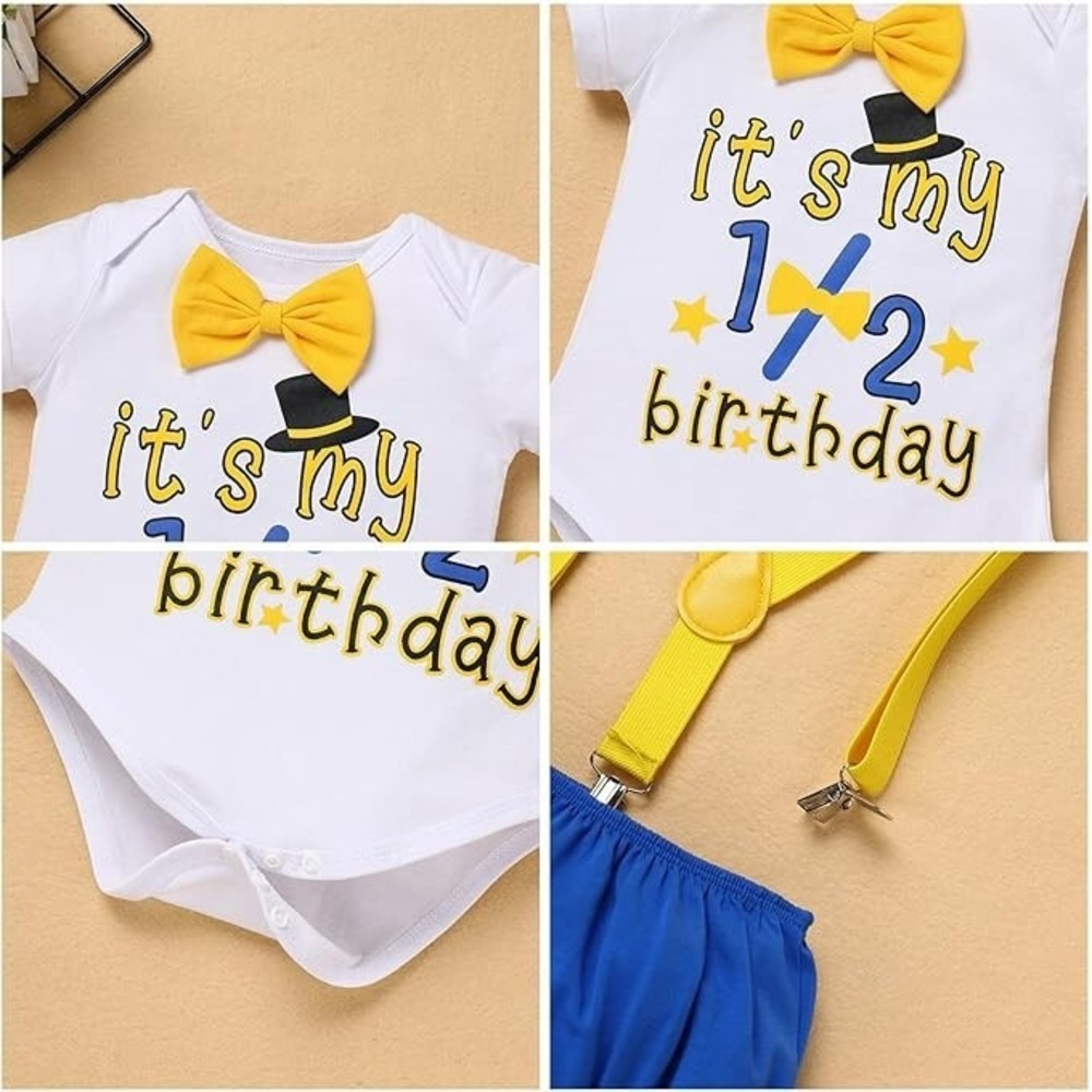 IBTOM CASTLE Baby Boys Half Birthday Cake Smash Outfit Short Sleeve 4pcs - Picture 5 of 9